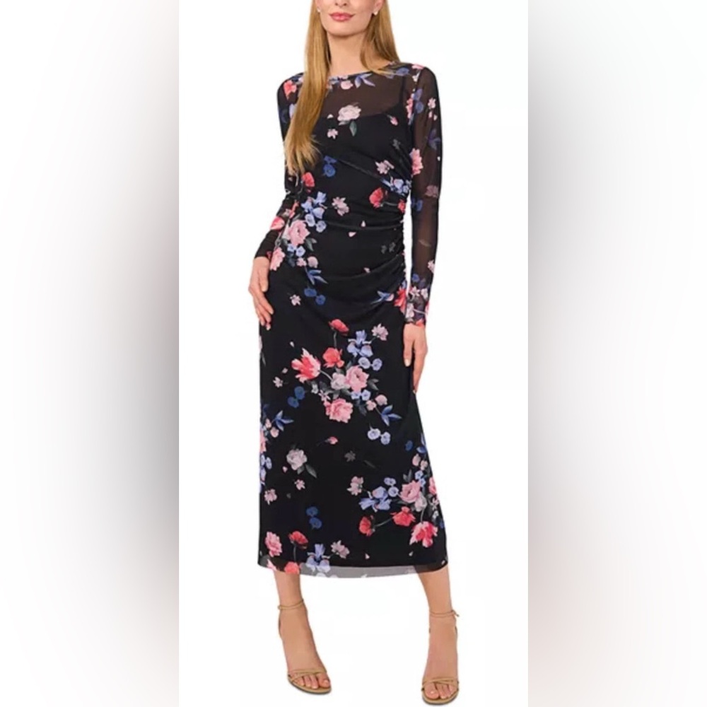 Ted Baker London Floral Mesh Ruched Midi Dress Black Pink Blue Long Sleeve NWT M
